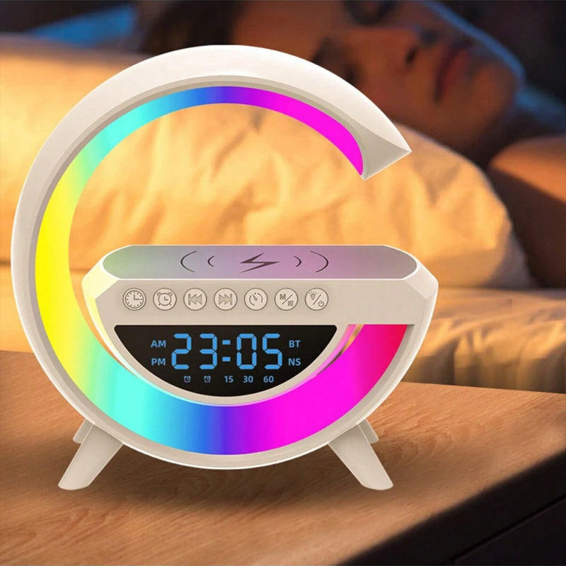 BT-3401 Multifunctional LED Display: Wireless Phone Charger, Bluetooth Speaker with 7-Color Light Modes, Alarm Clock & FM Radio.