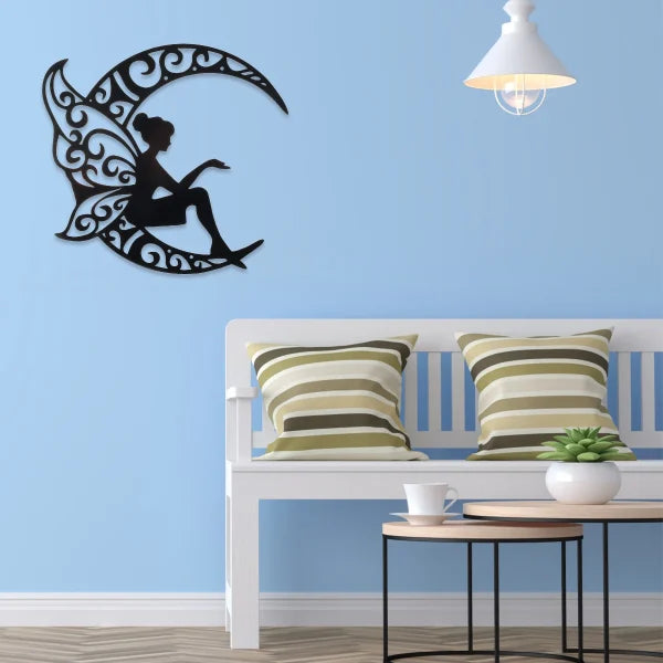 Home Decor Fairy On Moon Wooden Wall Art